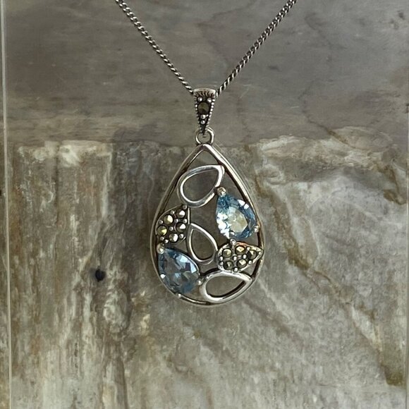 Sterling Silver 925 SLC Blue Topaz Marcasite Teardrop Pendant Necklace 18" Chain - Picture 11 of 16